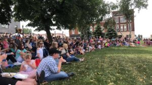 Lunch by the River event - large group of people sitting on grassy area of local park under shade from trees